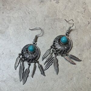 Silver and Turquoise Feather Dangle Earrings